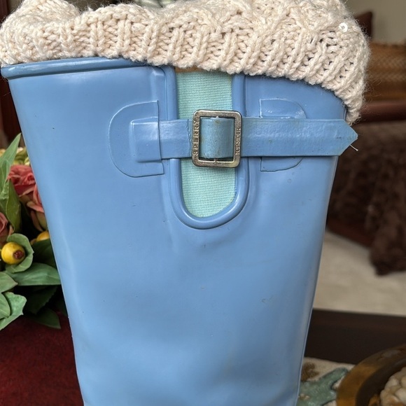Sperry Vintage Blue Tall Rubber Boots Waterproof w/ Cream Knit Sequin Boot Socks - Picture 12 of 16
